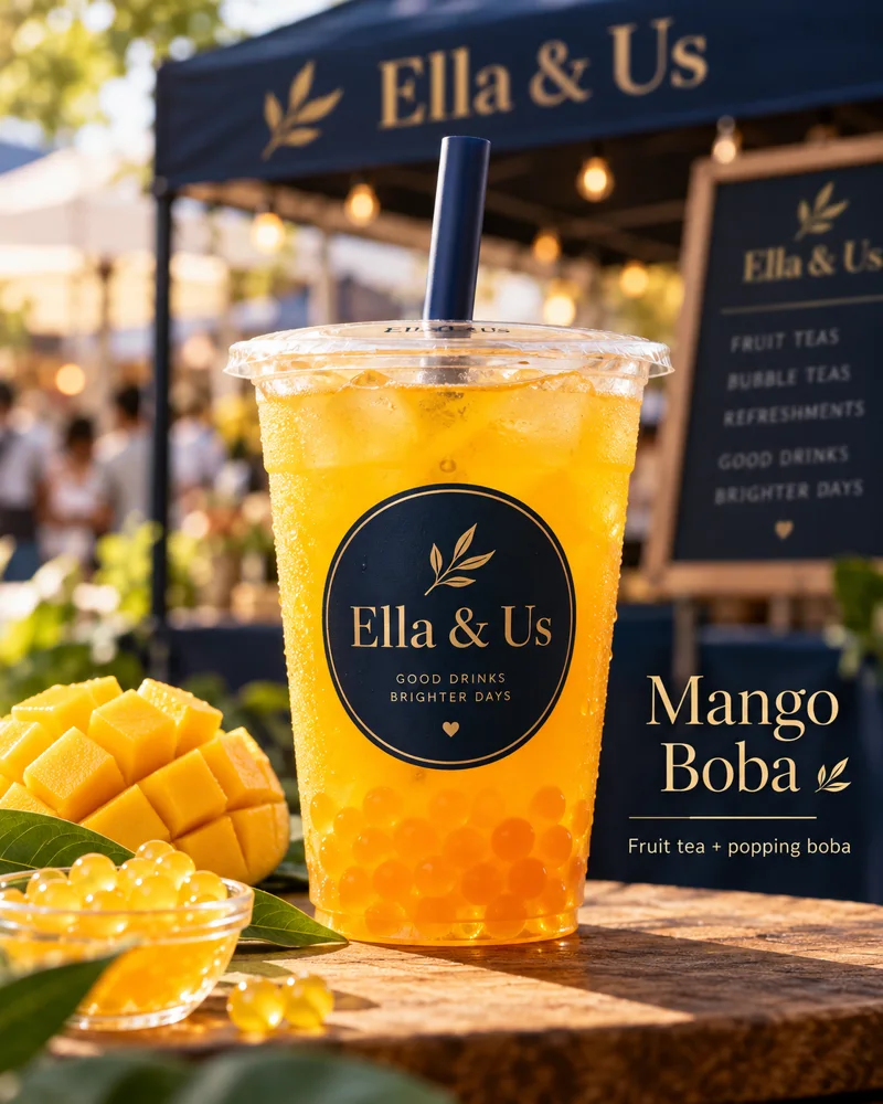 Mango boba fruit tea in an Ella and Us branded cup