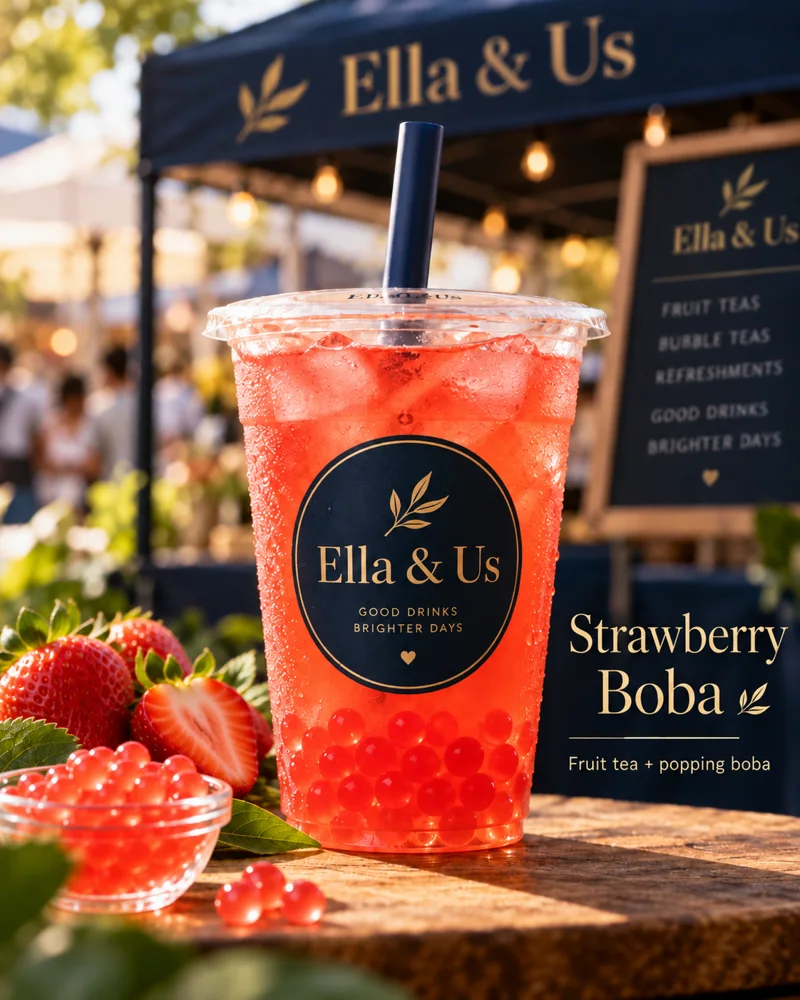 Strawberry boba fruit tea in an Ella and Us branded cup