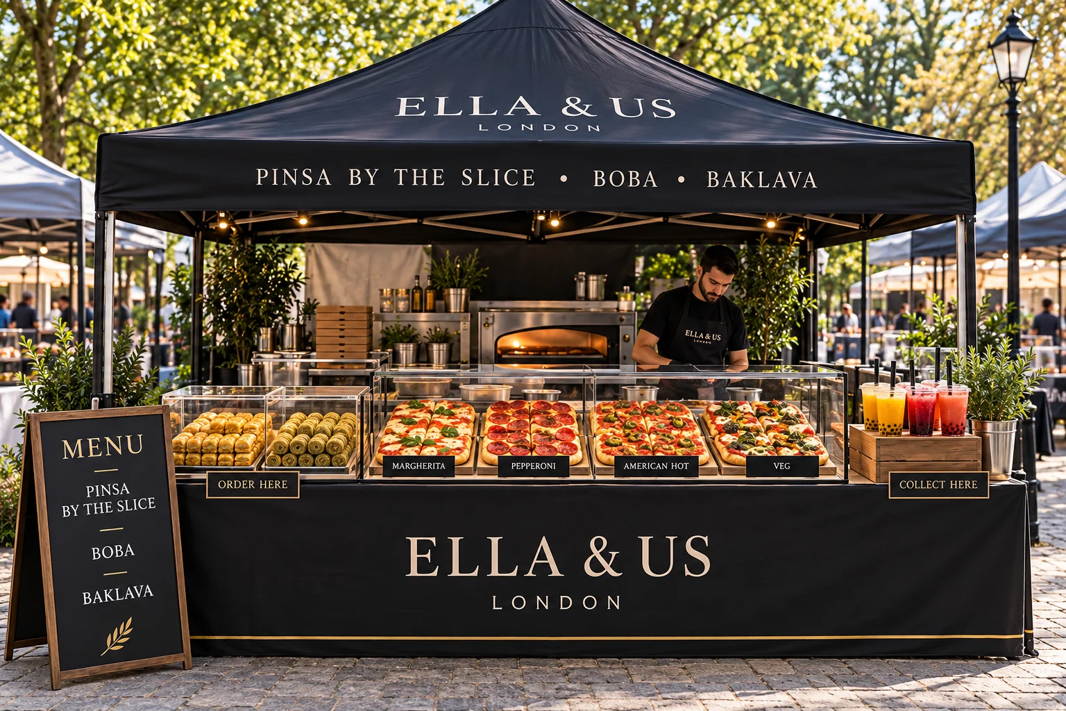Concept for a black Ella and Us straight market counter with pinsa displayed at the centre, baklava on the left and boba on the right